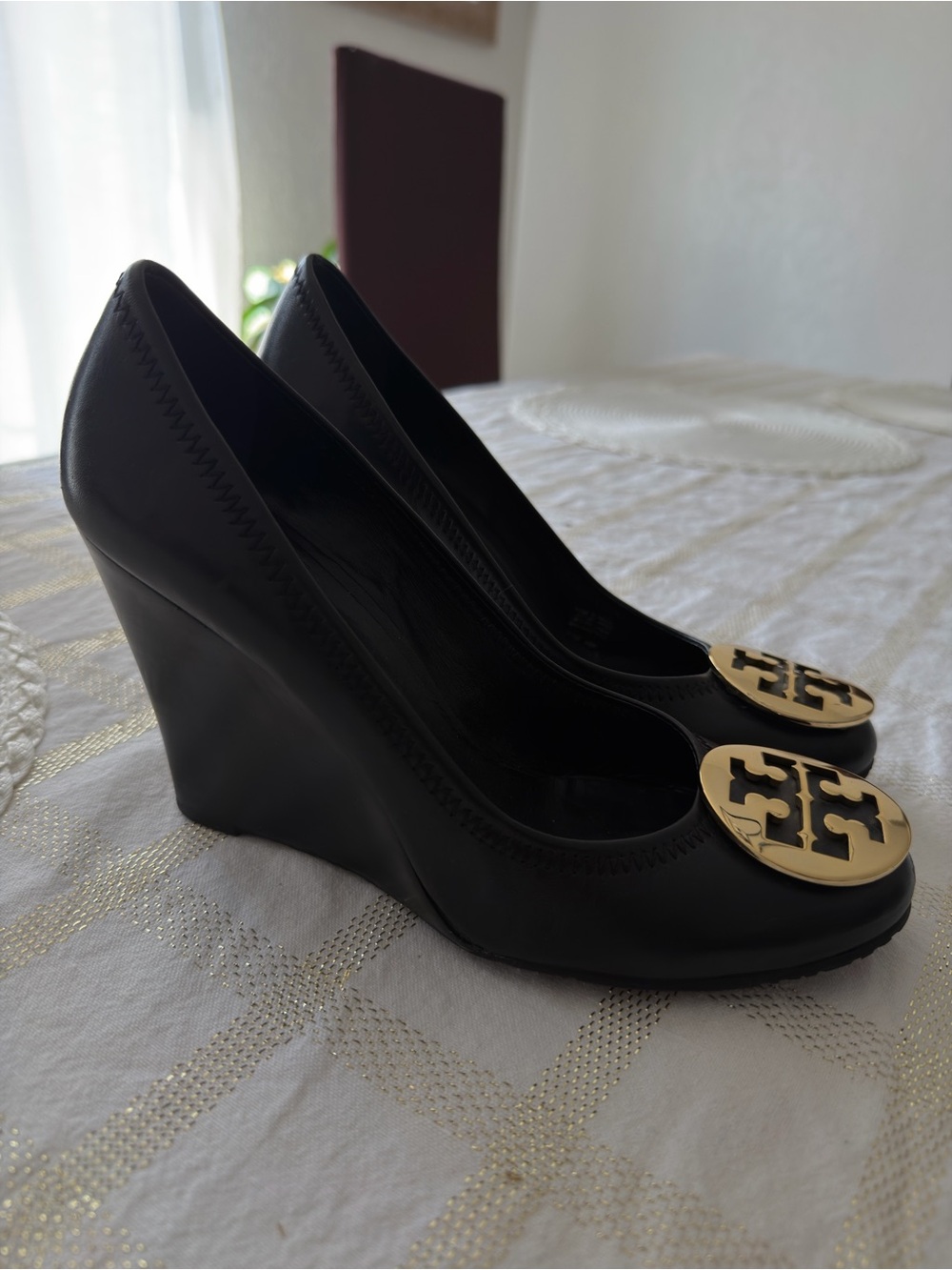 Tory Burch Black Wedge Pumps with Gold Logo Emblem